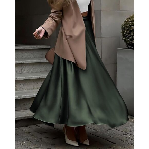 2025 Trendy Pleated High Waisted Satin Skirt - Flowy A-Line Maxi for Women - Picture 5 of 6